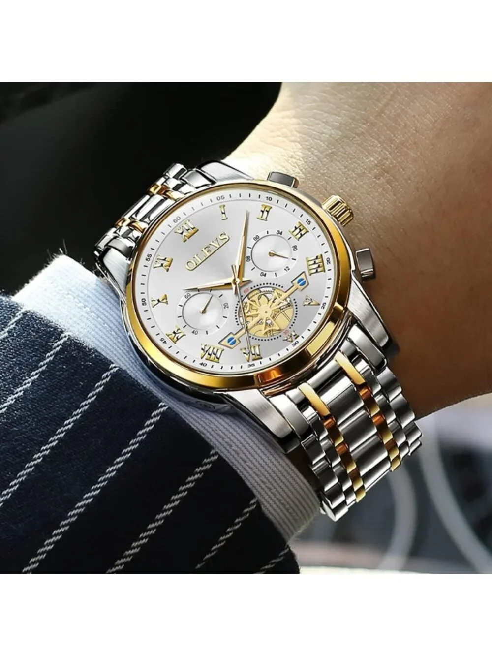 Olevs Men's Gold And White Multifunction Waterproof Luminous Chronograph Watch